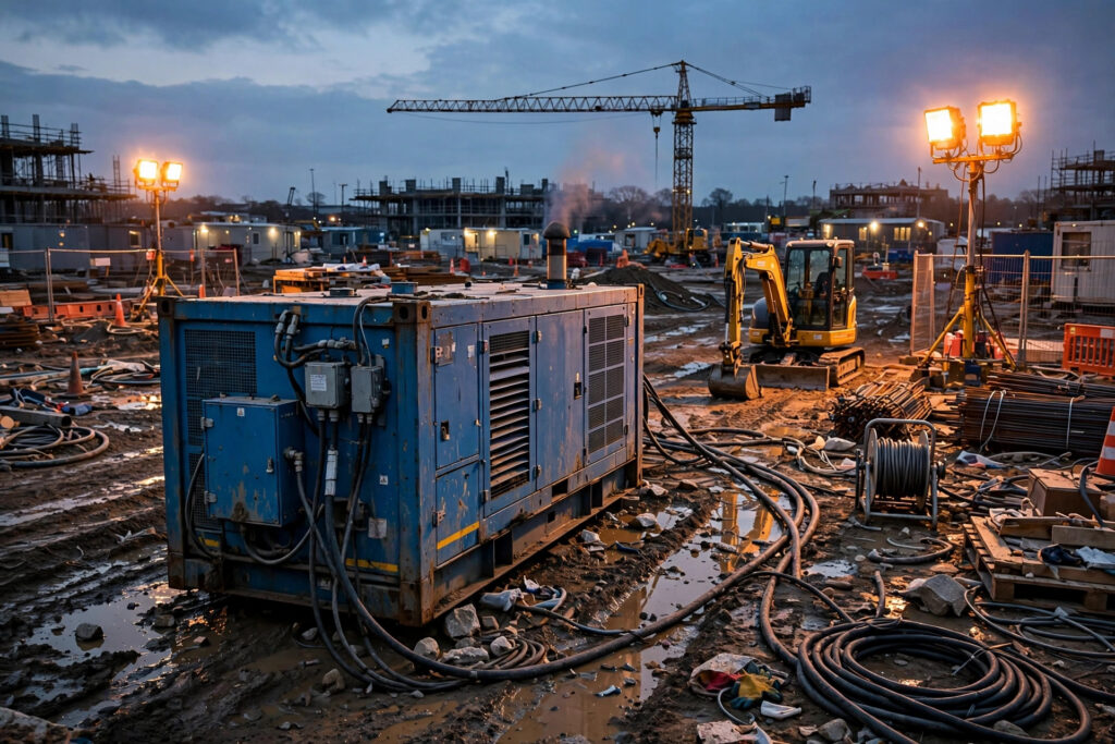 Containerized diesel generator powering a construction site at dusk