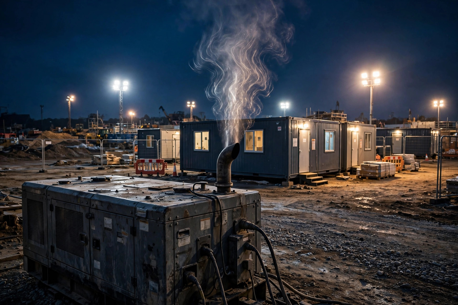 Construction site running on diesel generator power at night