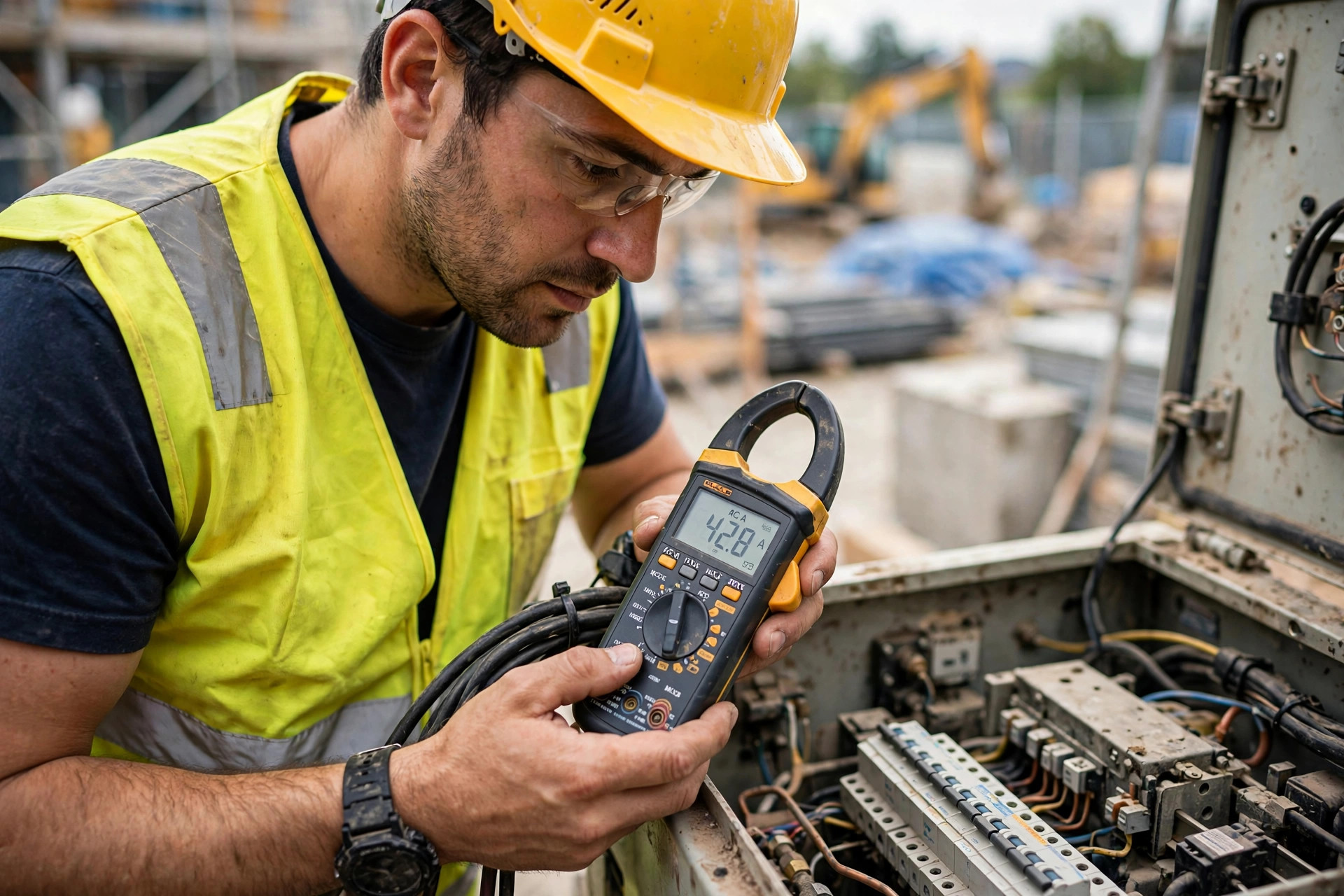 Engineer measuring electrical load at a diesel generator control panel