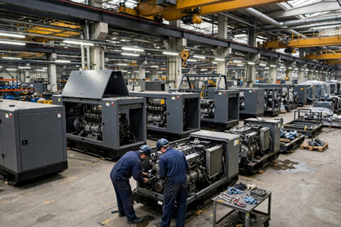 Diesel generator factory floor with canopy generator sets in production