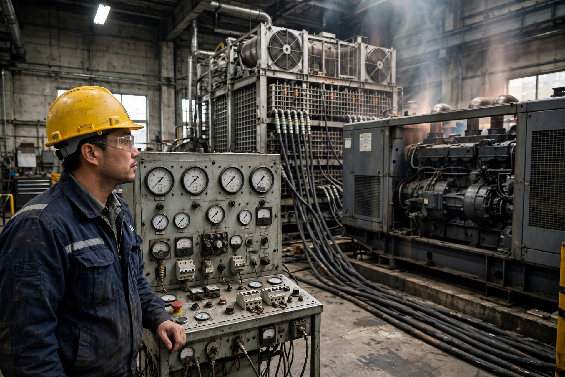 Engineer watching a diesel generator running at full load on a load bank in a factory test bay