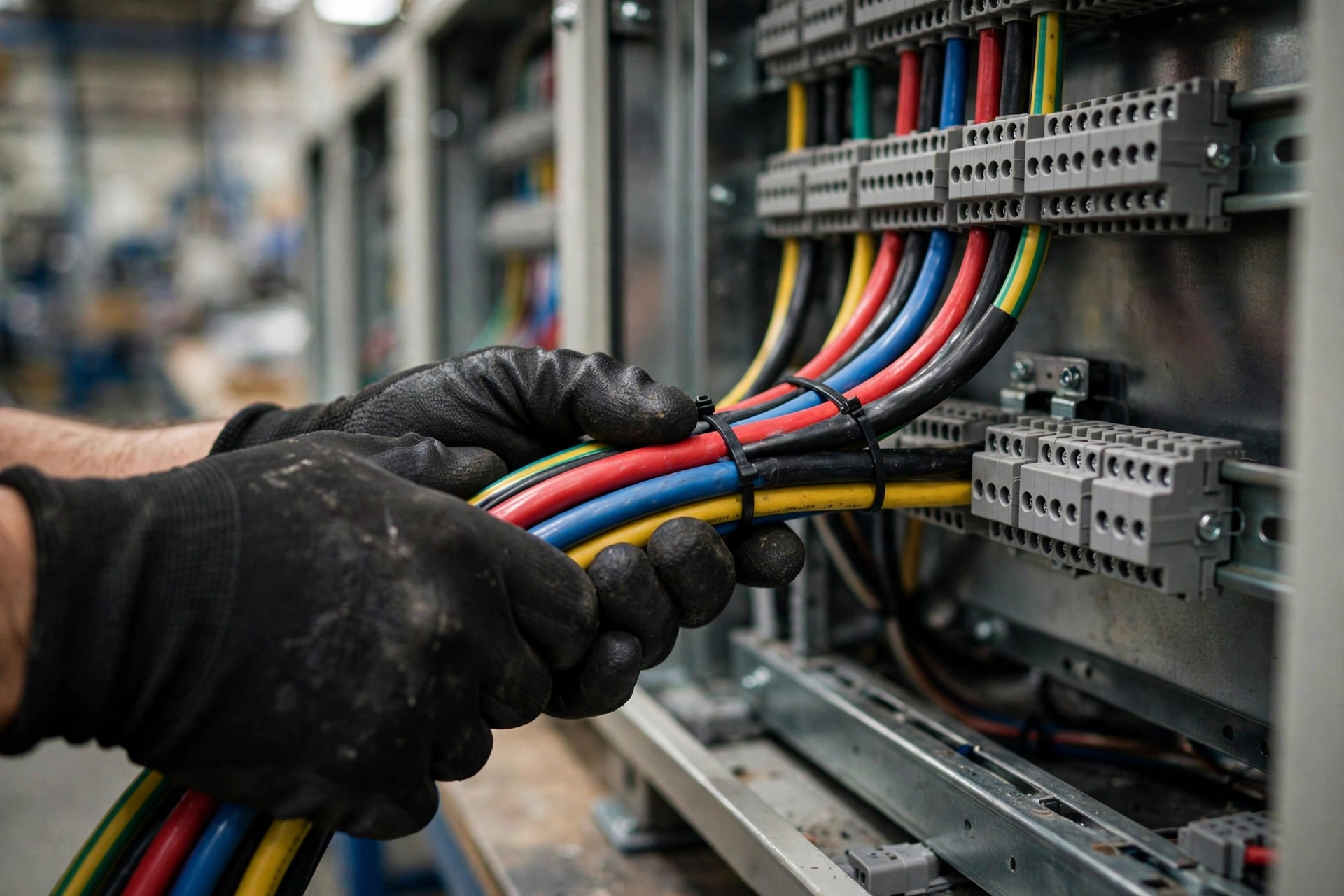 Worker routing cables inside an open generator control cabinet on the assembly line