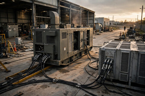 Diesel generator set undergoing a step-load test with a resistive load bank at a commissioning site.