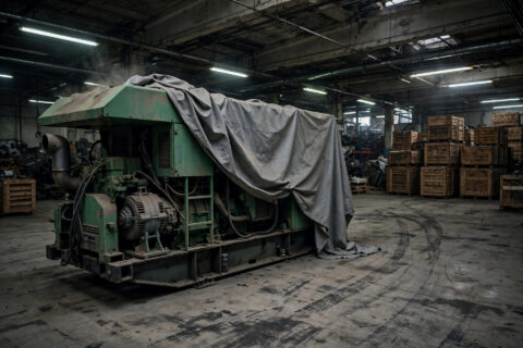 Diesel generator set in long-term warehouse storage under a canvas tarp