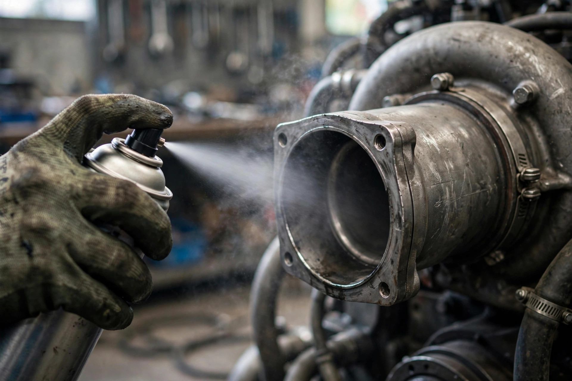 Technician spraying fogging oil into a diesel generator engine intake during preservation