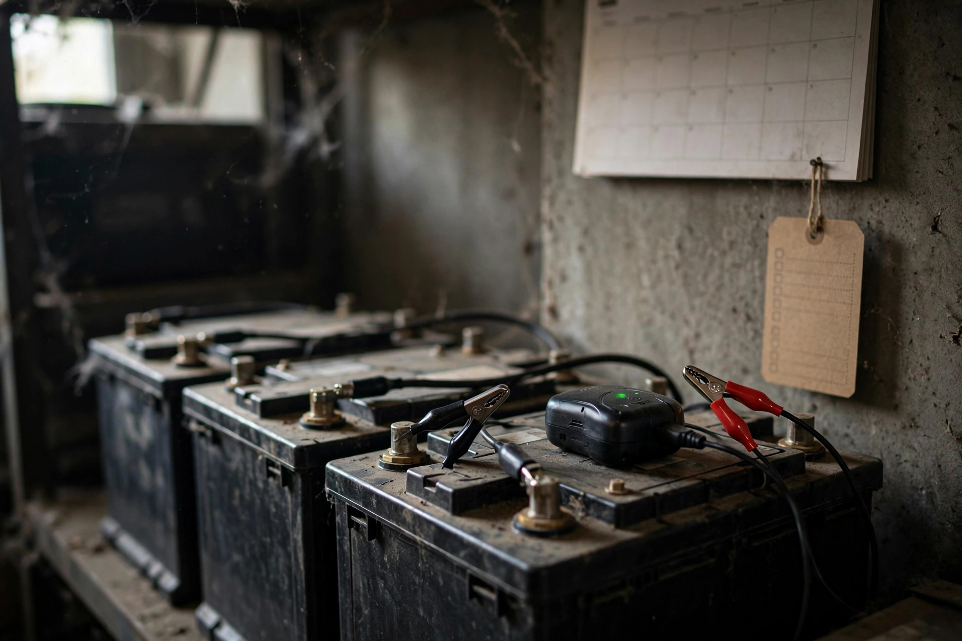 Battery maintainer connected to a diesel generator battery bank in storage