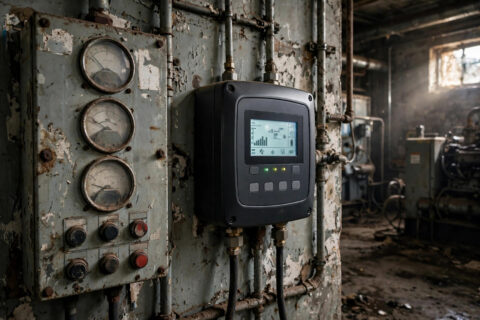 Aging diesel generator control panel with faded analog gauges beside a modern digital controller module