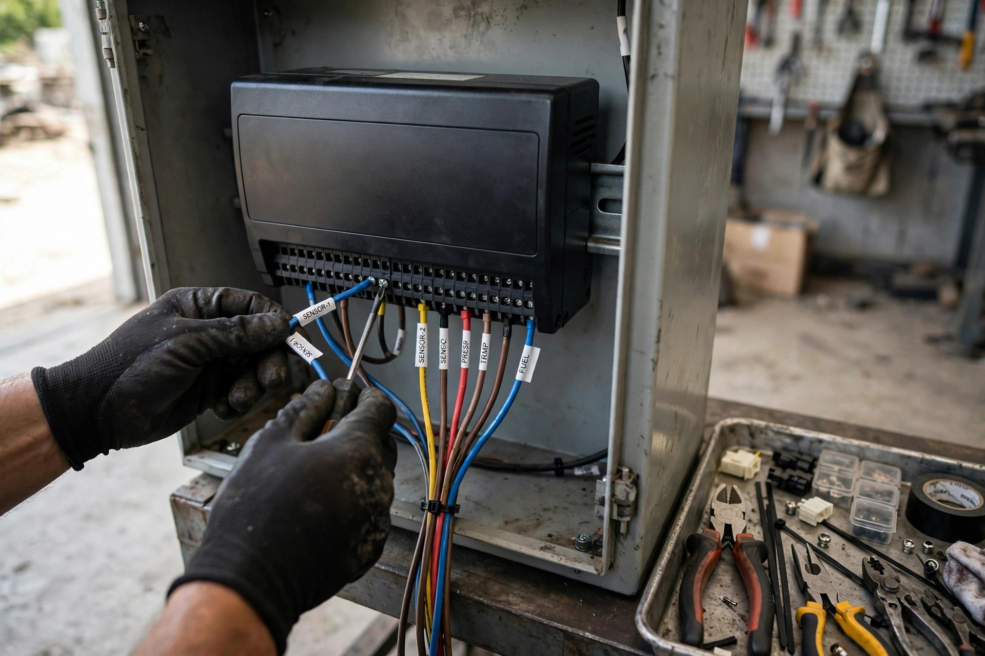 Field technician rewiring sensor inputs on a new digital generator controller inside the control cabinet