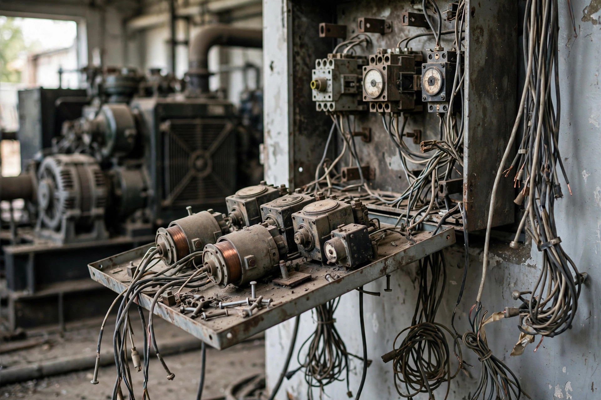 Obsolete relay-logic generator control panel with old contactors and timers removed during a retrofit