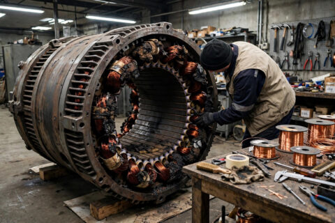 A burned diesel generator alternator stator on a rewind shop floor, scorched copper windings exposed, technician assessing the damage