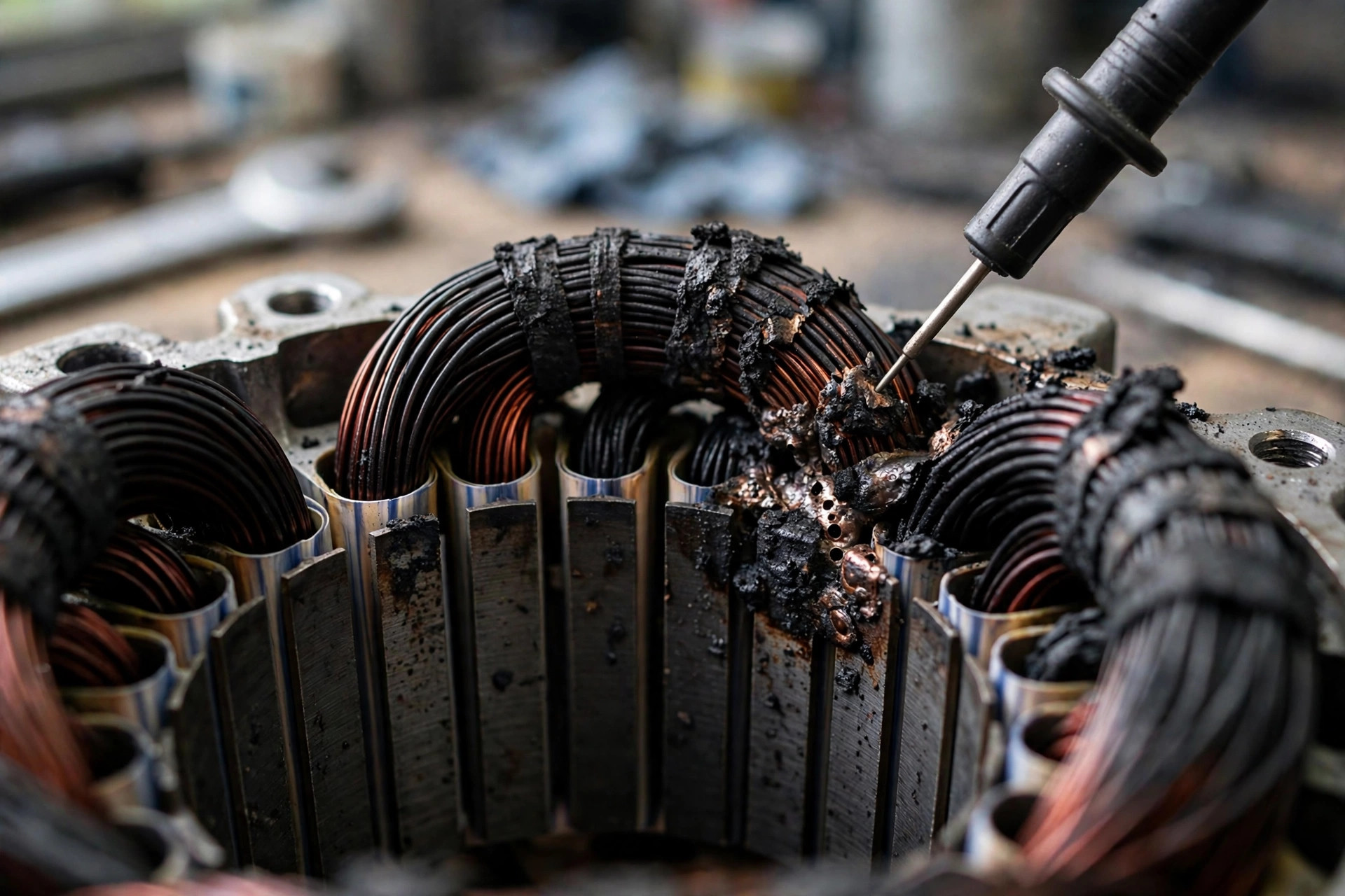 Close-up of damaged alternator stator windings with scorched copper coils and melted slot insulation
