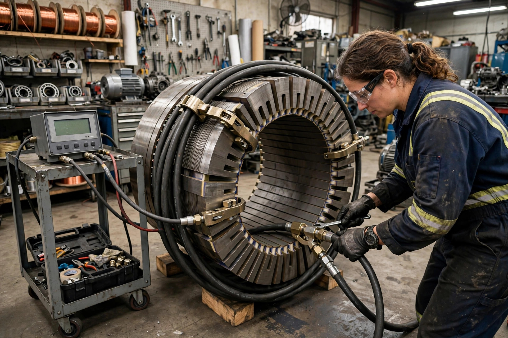 A technician running a core-loss loop test on a generator stator frame, test cable looped around the laminated core