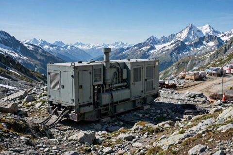 Containerized diesel generator set installed at a high-altitude mountain construction site with snow-capped peaks in the background