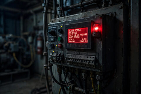 Diesel generator controller showing a low oil pressure shutdown alarm