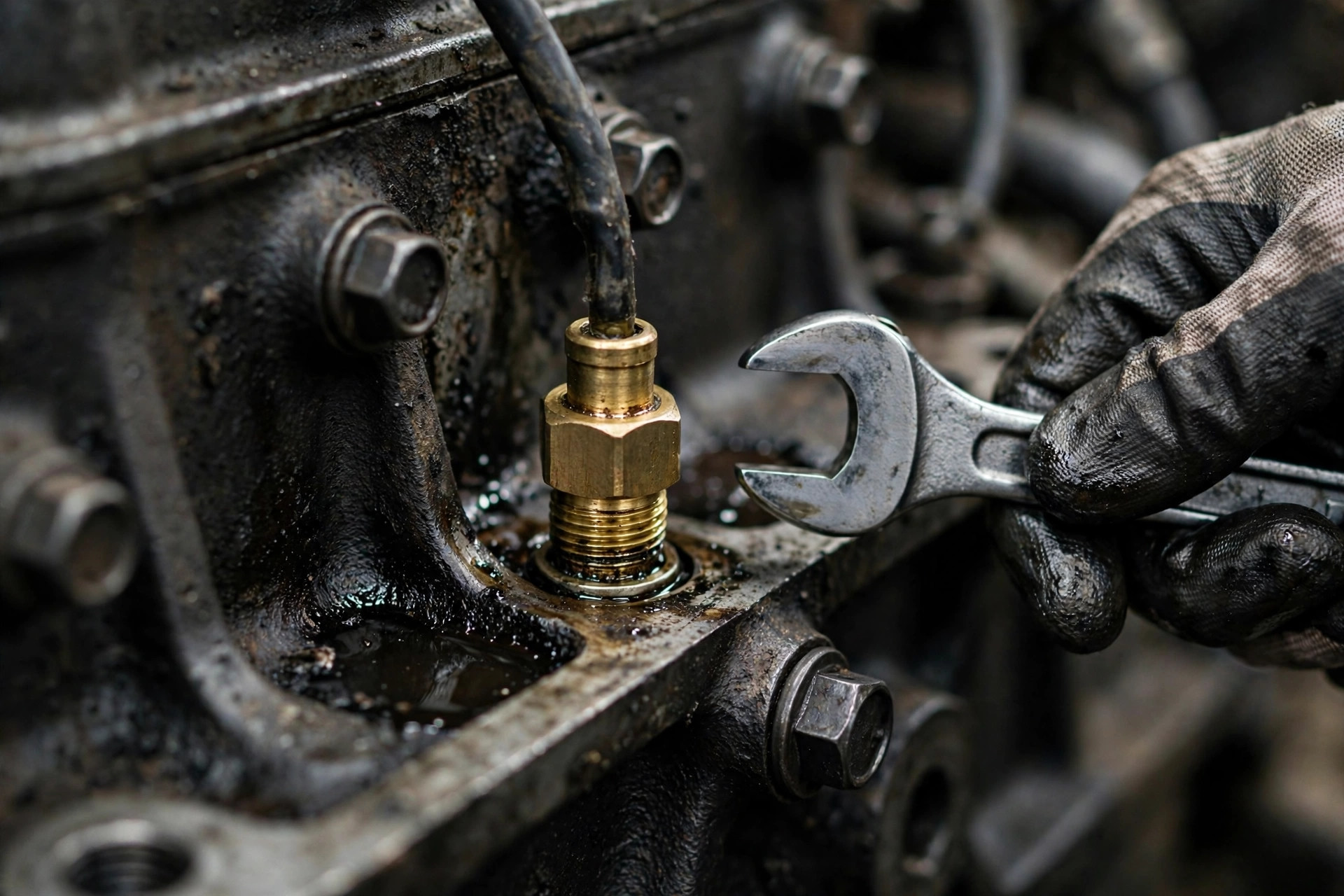 Close-up of an oil pressure sender on a diesel generator engine — the most common source of false low-oil-pressure shutdowns