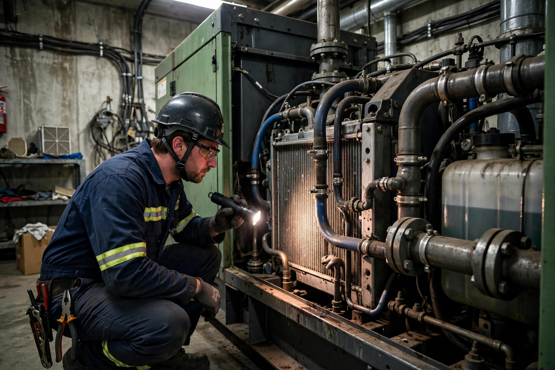 Technician inspecting a diesel generator radiator and coolant system while diagnosing a shutdown fault