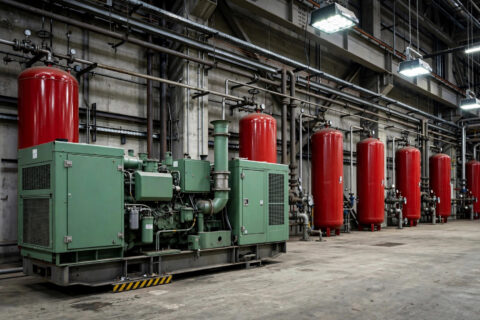 Large diesel generator with red starting air receiver bottles in an industrial power plant