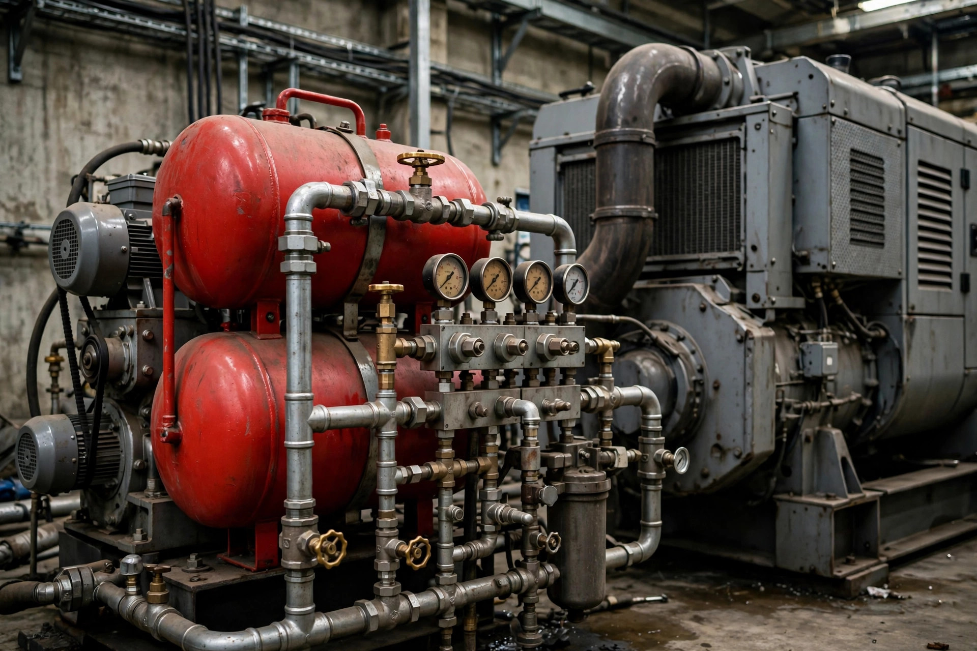 Starting air compressor and red receiver bottles with steel piping beside a large diesel generator