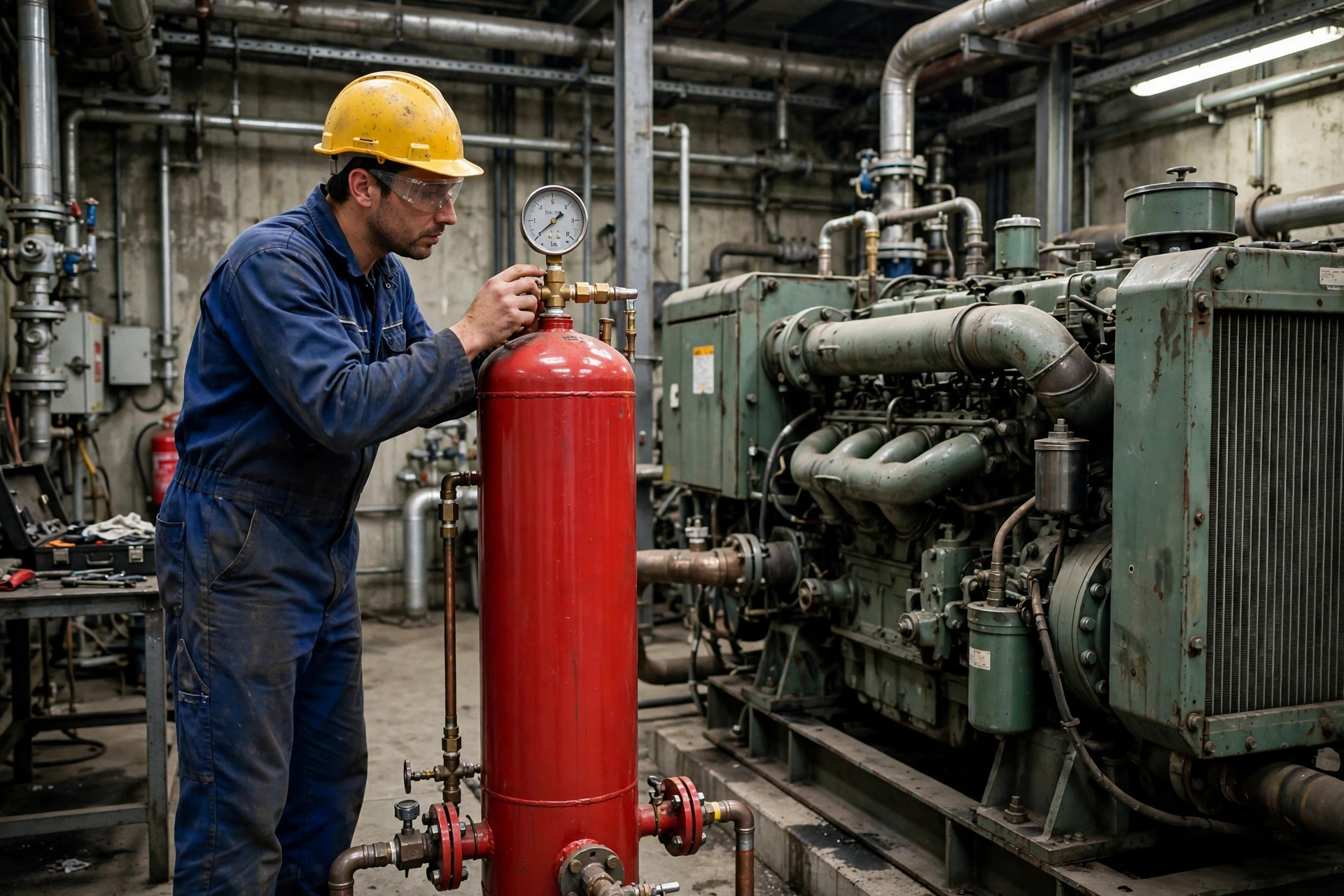 Technician checking the pressure gauge on a diesel generator starting air receiver