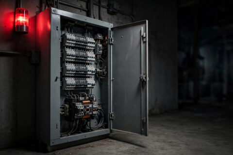 Open load-shedding panel with circuit breakers and contactors deciding which loads stay powered during a diesel generator outage