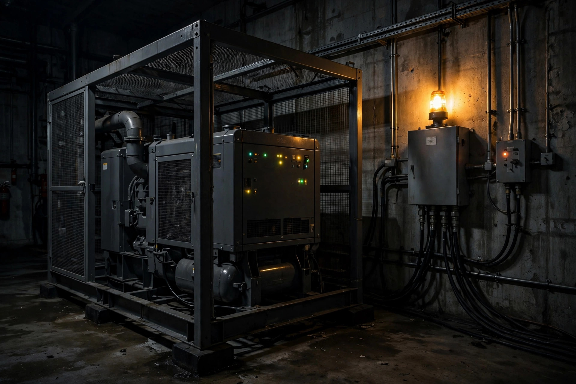 A standby diesel generator carrying only its priority loads through a night outage — everything non-essential already shed