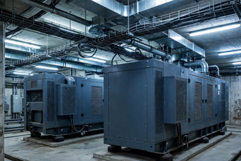 Two diesel generator sets installed side by side as N+1 redundant backup power — the common-cause failures that can still take both sets offline
