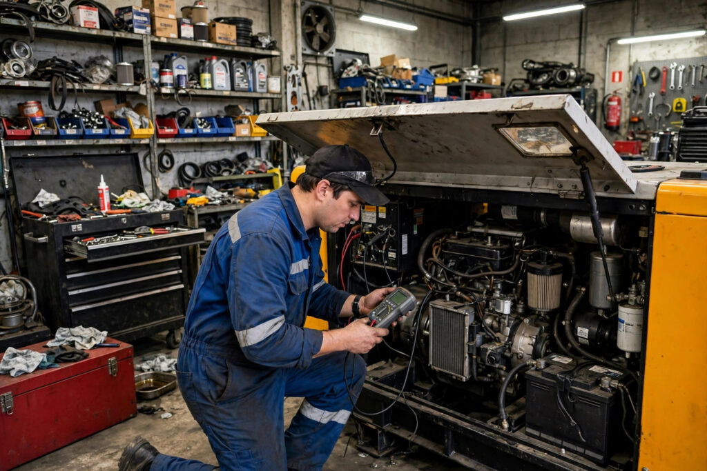 Local diesel generator dealer service technician running diagnostics on a genset