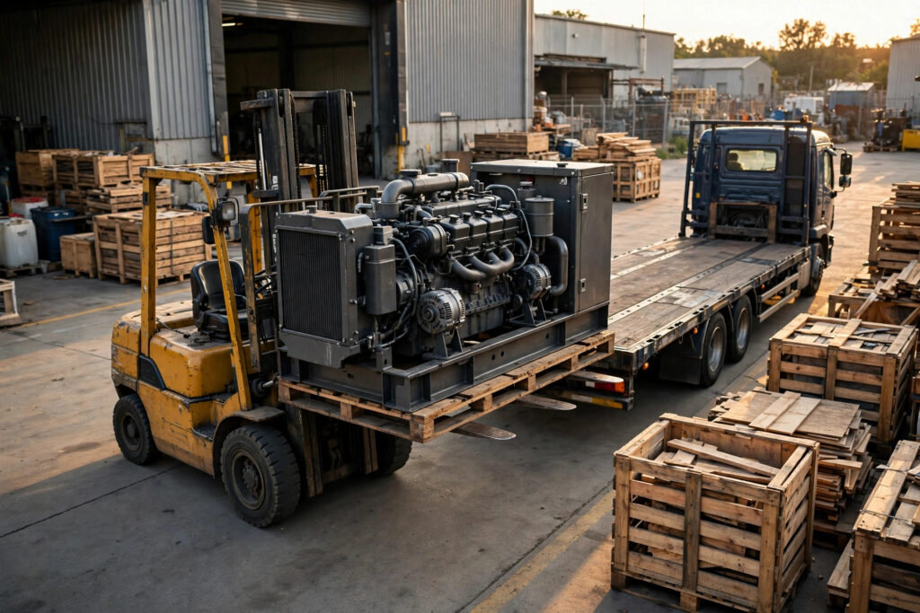 Large diesel generator set being loaded for export at a factory loading dock