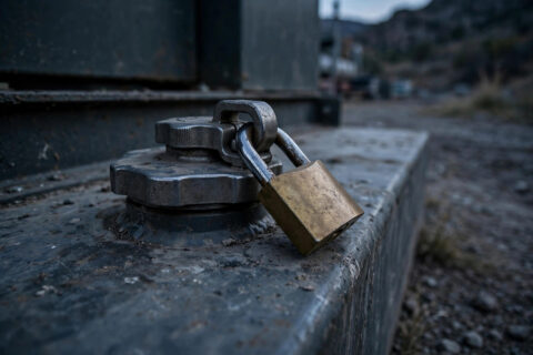 Padlocked diesel fuel filler cap on a standby generator at a remote site — the cheapest defense against fuel theft