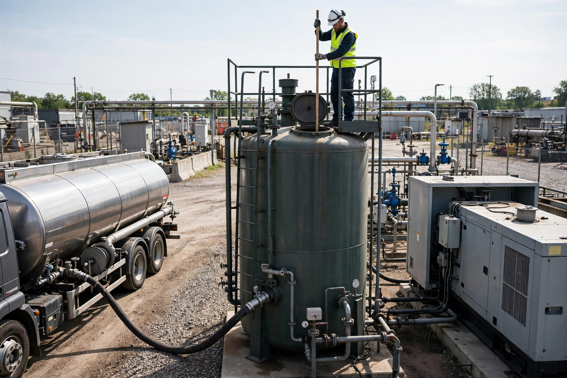 Technician dipping a diesel generator fuel tank with a gauge stick to reconcile a fuel delivery