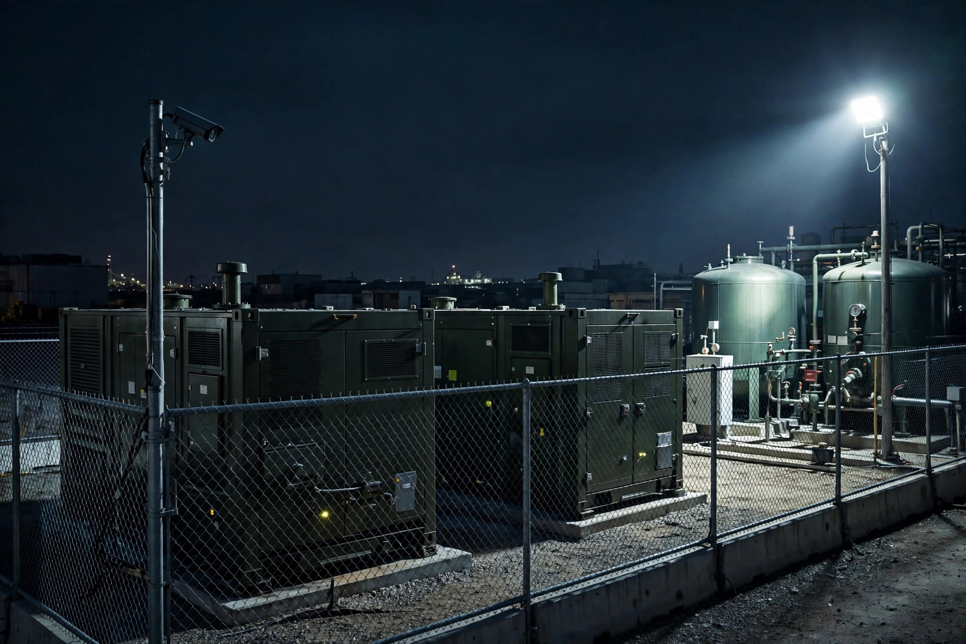 Security camera and floodlight watching a fenced diesel generator compound at night — thieves skip lit, watched tanks