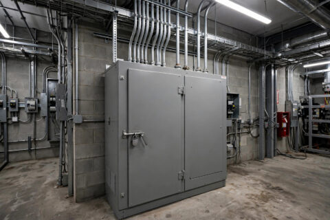 Closed-transition automatic transfer switch cabinet in an industrial electrical room — the switch that hands building load from utility to diesel generator without a power blink
