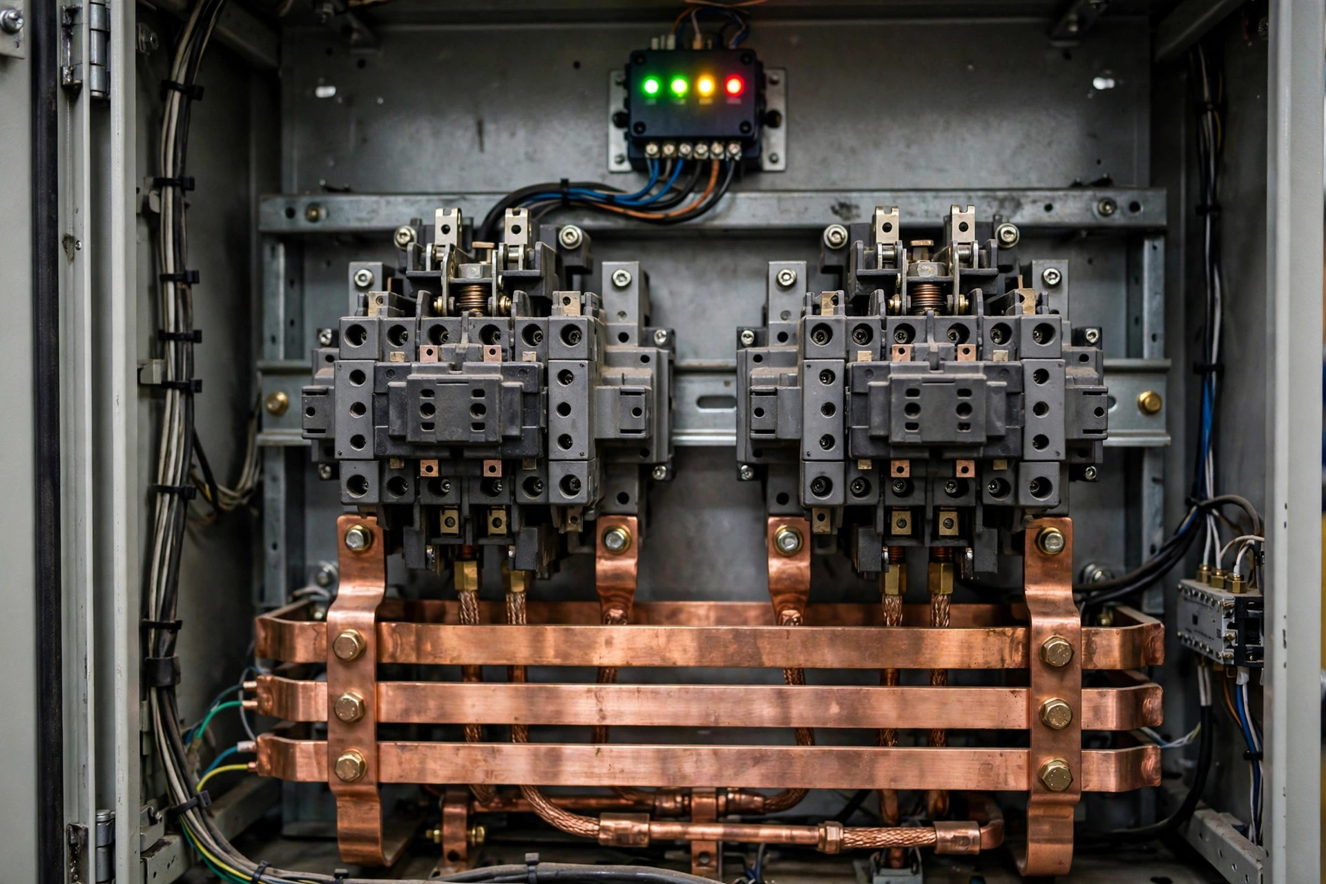 Inside a closed-transition transfer switch: dual power contactors and the in-phase monitor that lets a diesel generator briefly parallel with the utility before breaking