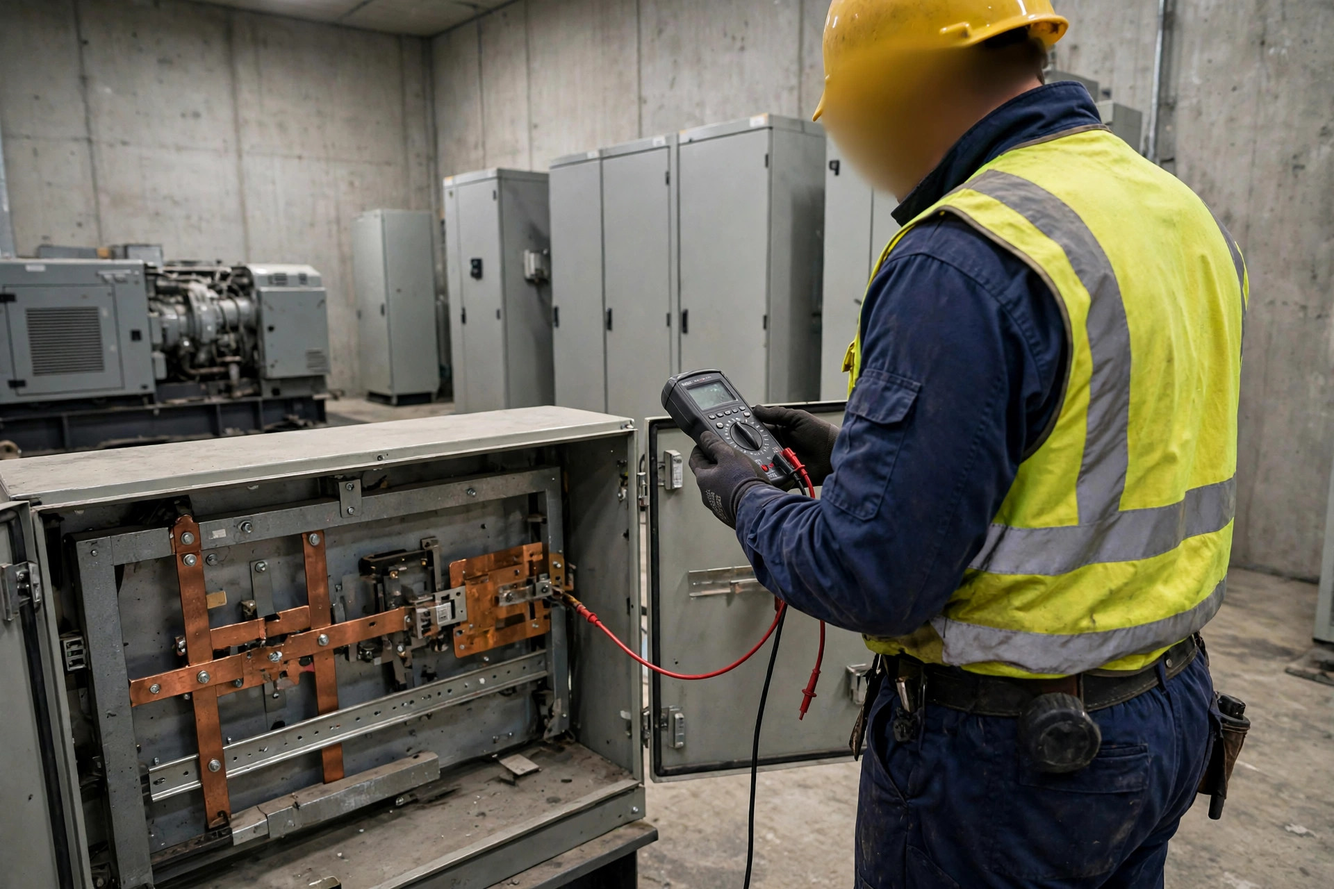 A field engineer verifying transfer switch timing with a meter during commissioning — the in-phase monitor only protects the handoff if someone actually tests it