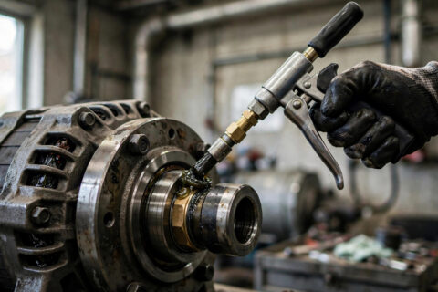 Technician applying grease to a diesel generator alternator bearing housing with a grease gun in a plant room.