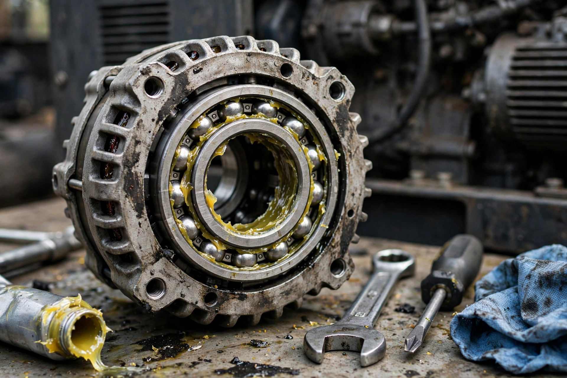 An opened alternator bearing housing packed with grease &mdash; over-greasing churns, overheats, and forces grease past the seal toward the windings