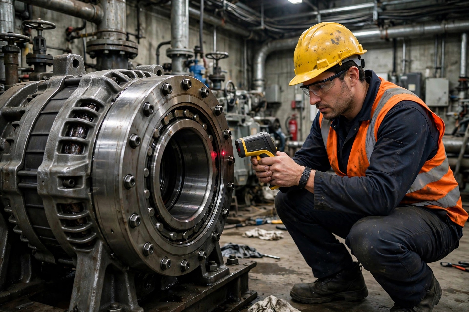 A technician taking an infrared temperature reading on a diesel generator alternator bearing housing &mdash; monthly trending catches bearing failures months early