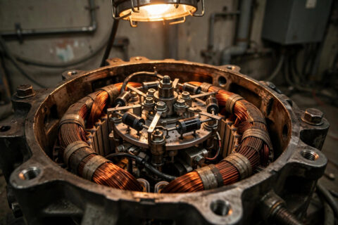 Opened diesel generator alternator end cover showing exciter windings and rotating diode assembly in a plant room
