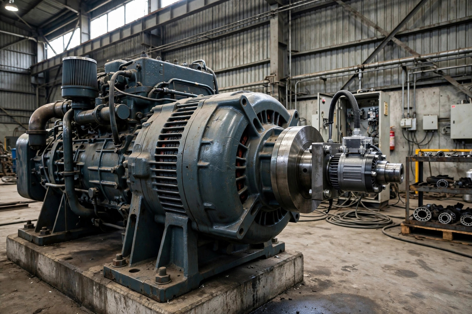 Permanent magnet generator (PMG) unit bolted to the shaft end of a diesel generator alternator