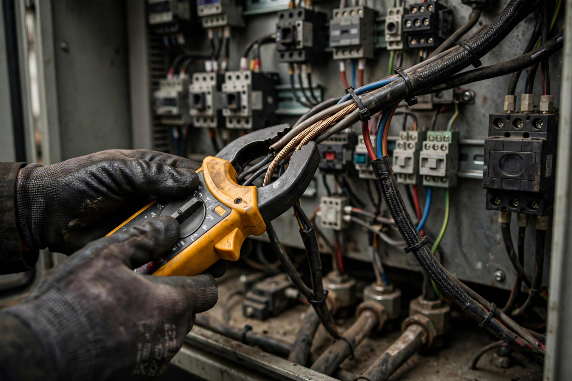 Technician measuring exciter field current with a clamp meter inside a diesel generator control cabinet