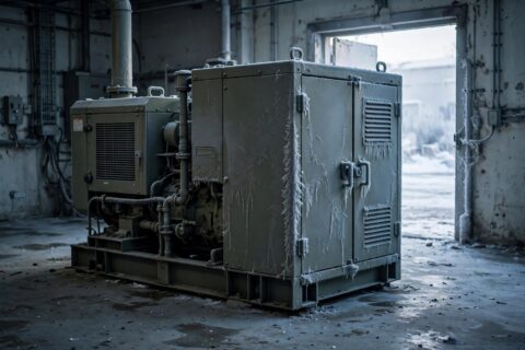 Diesel generator set in a cold industrial plant room on a winter morning, frost on the enclosure doors