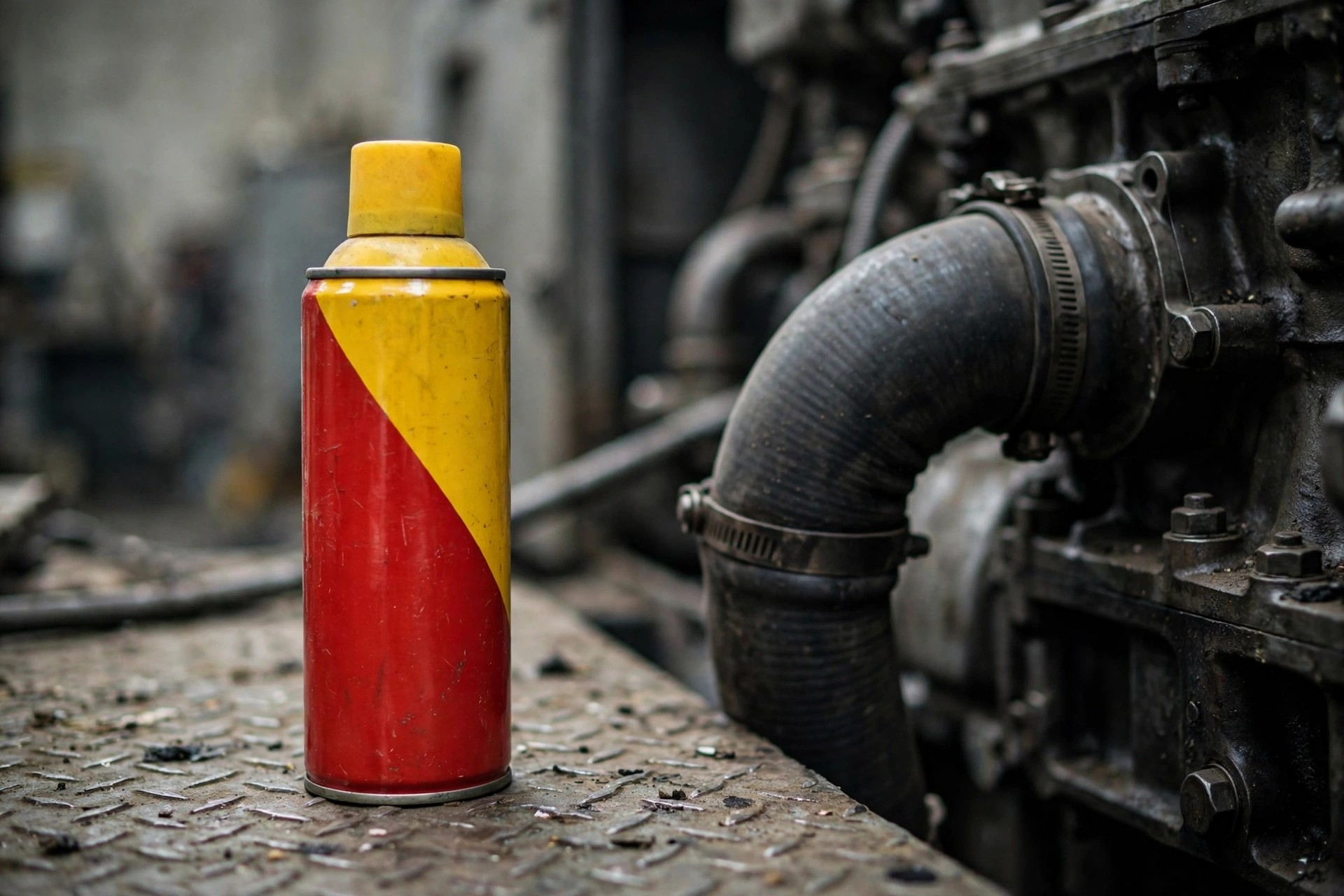 A can of ether starting fluid beside the air intake hose of a diesel generator engine