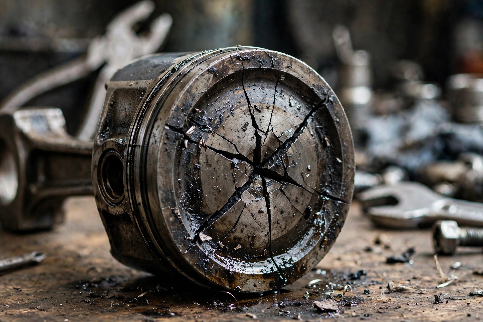 Close-up of a cracked diesel engine piston on a workbench showing detonation damage