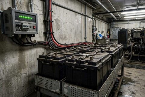 Wall-mounted battery charger with green status LEDs beside a diesel generator battery bank in a generator room