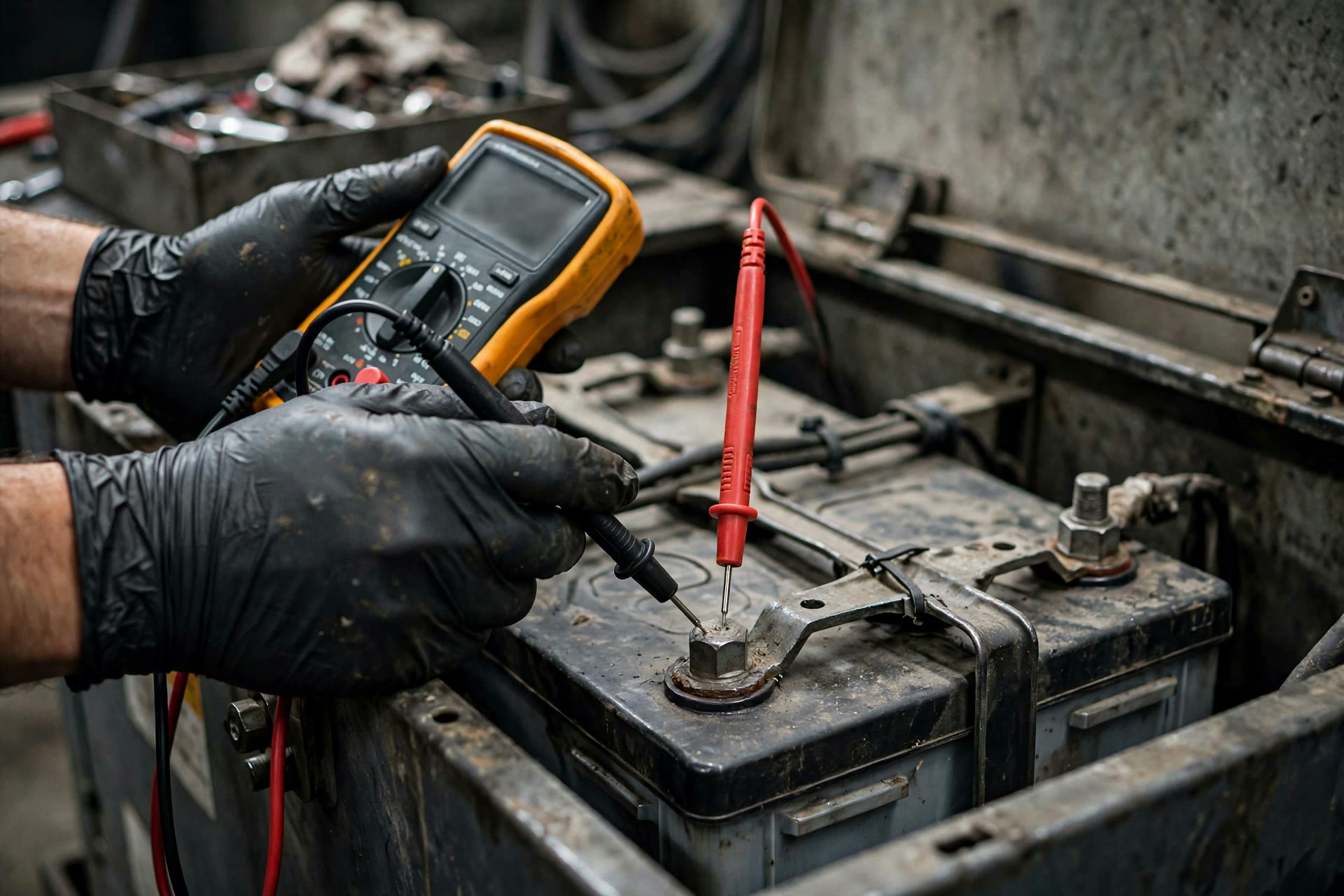 Technician measuring float voltage at a diesel generator battery terminal with a digital multimeter — the only check the charger’s green light can’t do for you