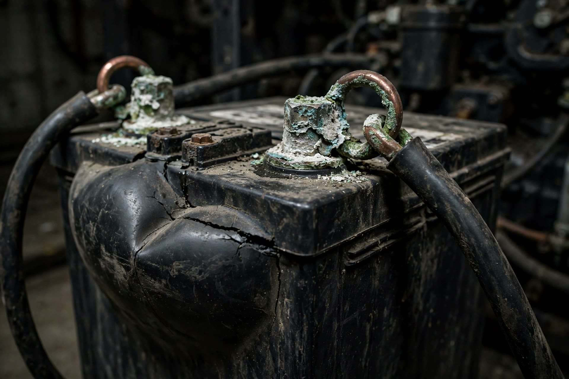 Corroded and sulfated battery terminals in a standby generator battery box — the visible aftermath of a charger that drifted out of spec