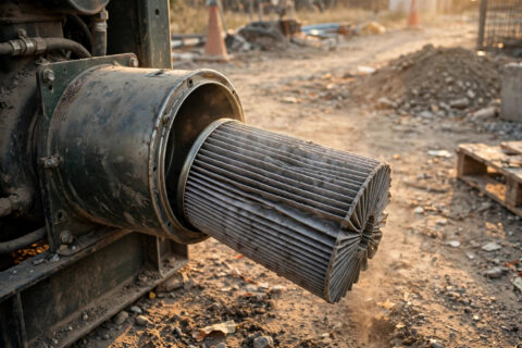 Opened diesel generator air filter canister on a dusty construction site with a clogged gray filter element