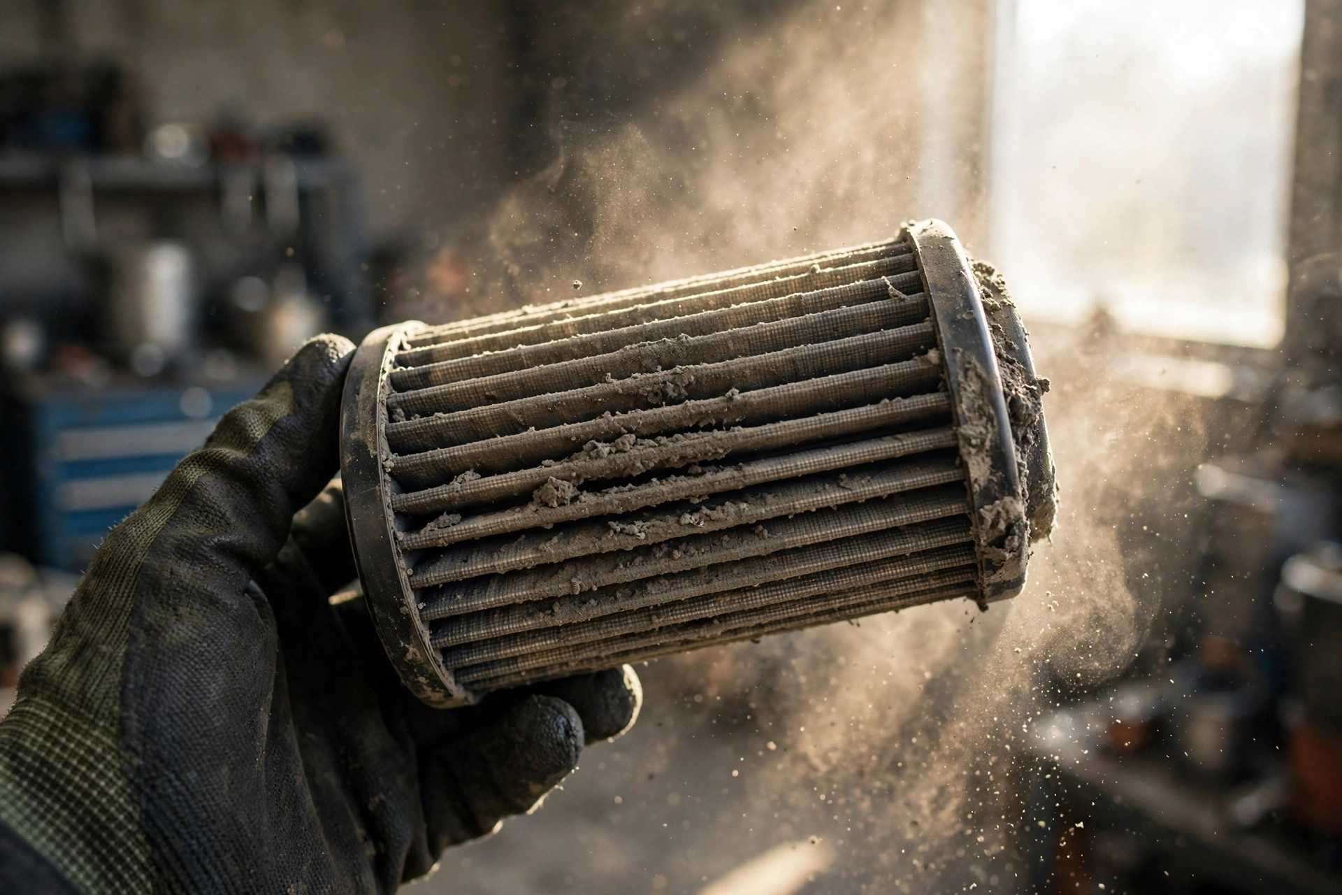 A dust-clogged diesel engine air filter element held up against daylight by a gloved hand — what a dead filter actually looks like