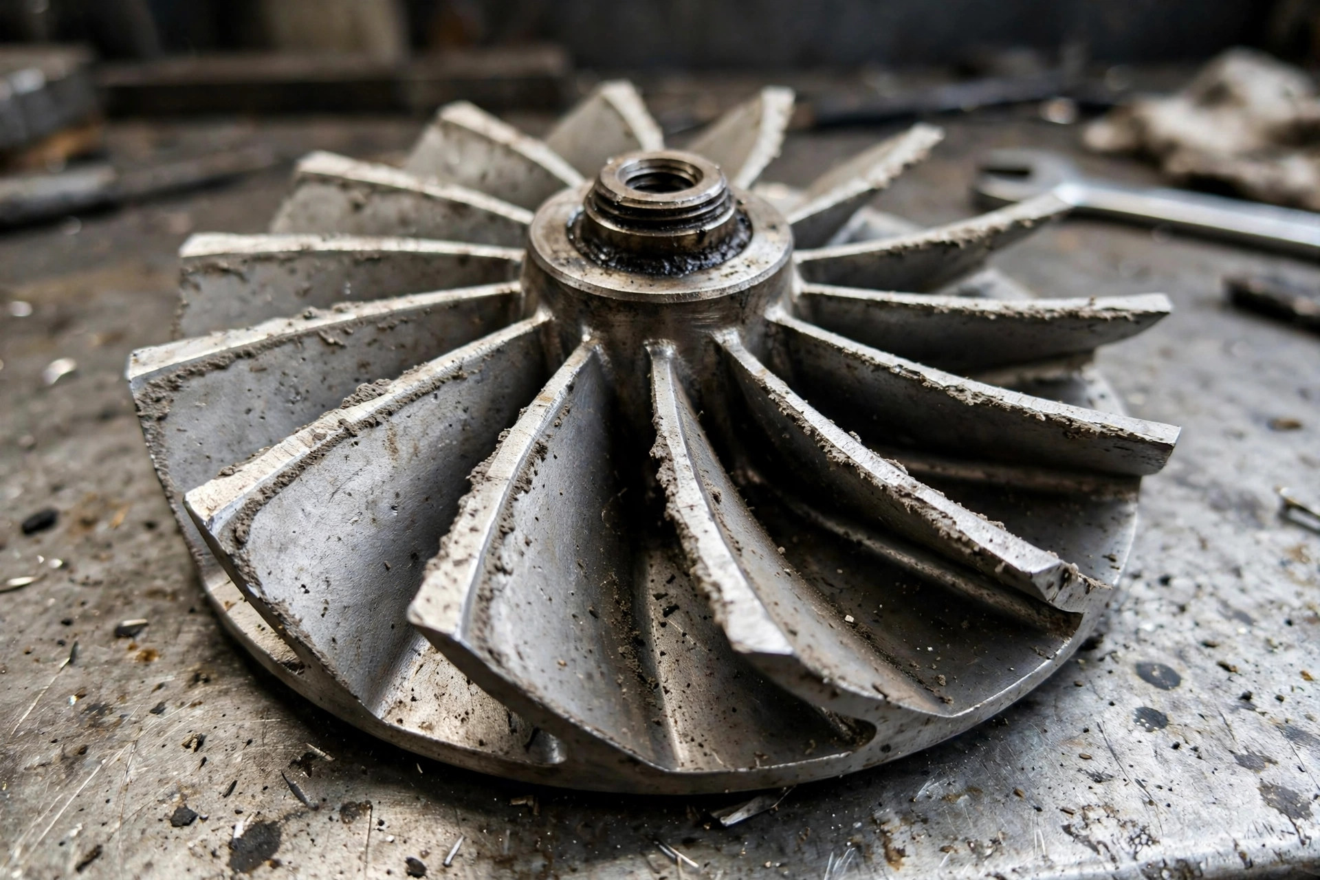Turbocharger compressor wheel with dust erosion on the blade edges, removed from a diesel generator engine