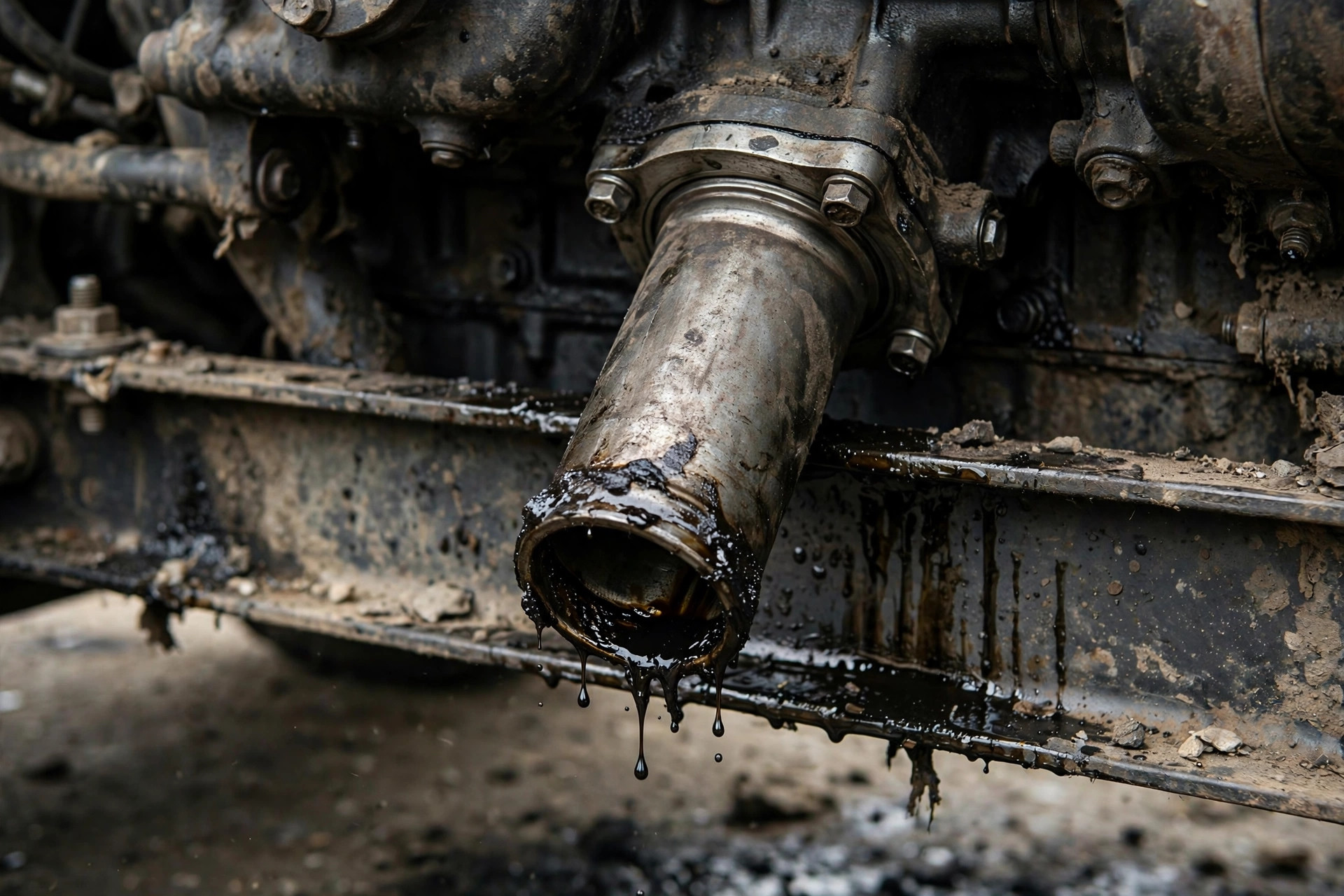 Close-up of an open draft tube crankcase breather with oil mist staining on a diesel generator